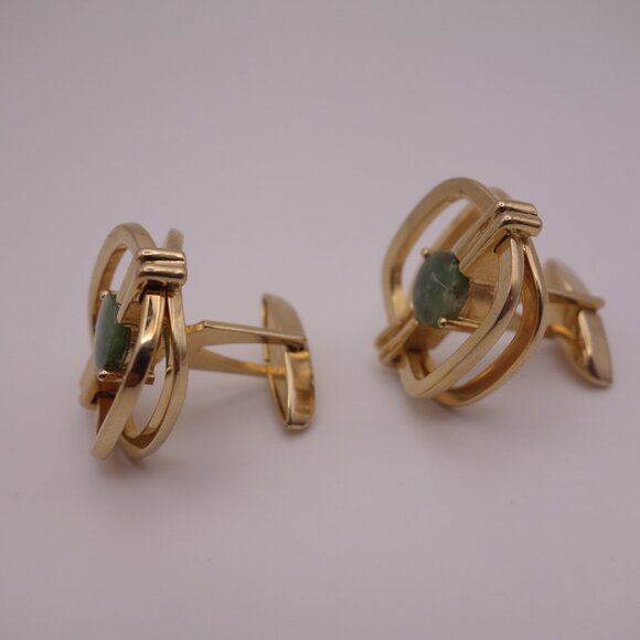 Gold Color Cuff Links with Green Stone PAT 3.208.313 - Picture 5 of 15